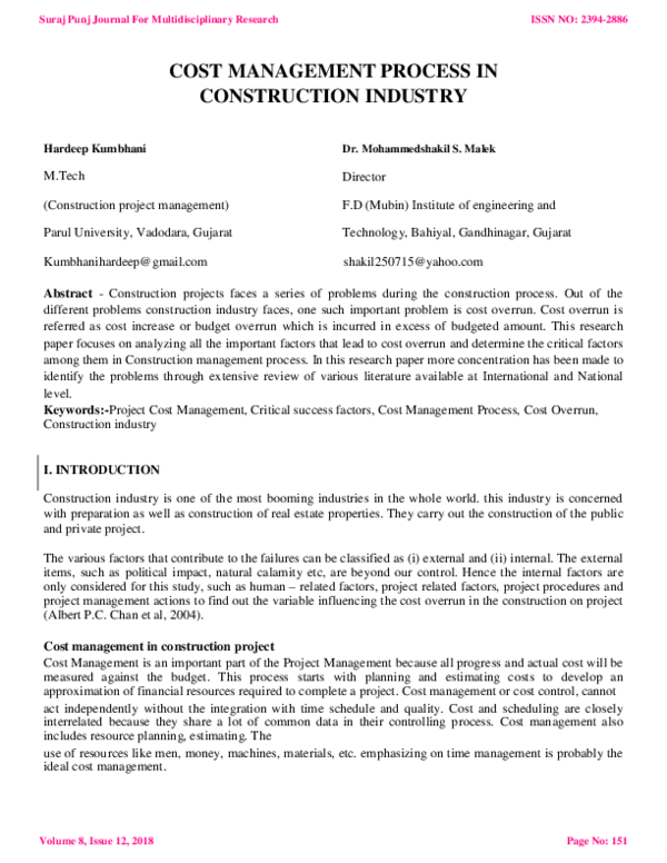 (PDF) COST MANAGEMENT PROCESS IN CONSTRUCTION INDUSTRY