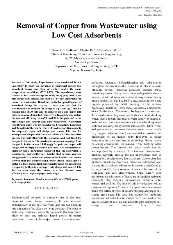 (PDF) IJERT-Removal of Copper from Wastewater using Low Cost Adsorbents