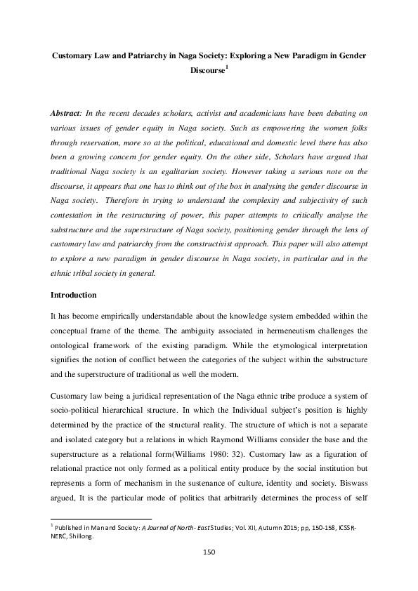 (PDF) Customary Law and Patriarchy in Naga Society: Exploring a New ...