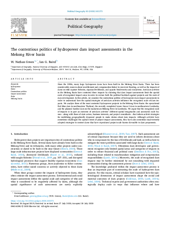 (PDF) The contentious politics of hydropower dam impact assessments in ...