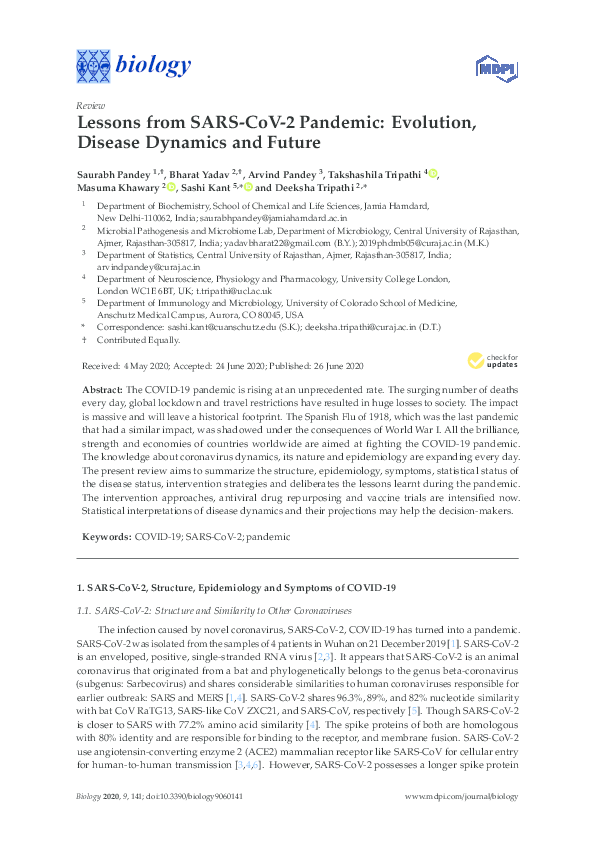 (PDF) Lessons from SARS-CoV-2 Pandemic: Evolution, Disease Dynamics and ...