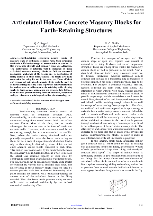 (PDF) IJERTArticulated Hollow Concrete Masonry Blocks for Earth