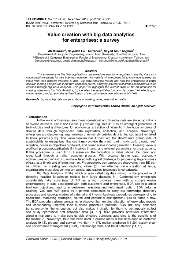(PDF) Value creation with big data analytics for enterprises: a survey