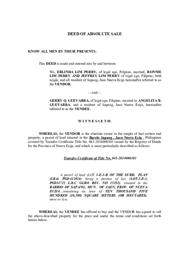 DOC DEED OF ABSOLUTE SALE KNOW ALL MEN BY THESE PRESENTS Angelo Guevarra Academia edu