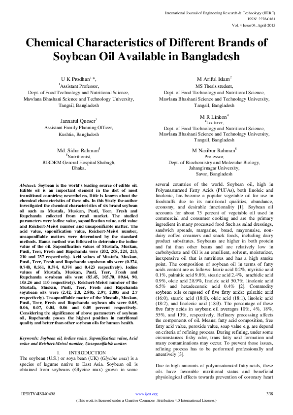(PDF) IJERTChemical Characteristics of Different Brands of Soybean Oil