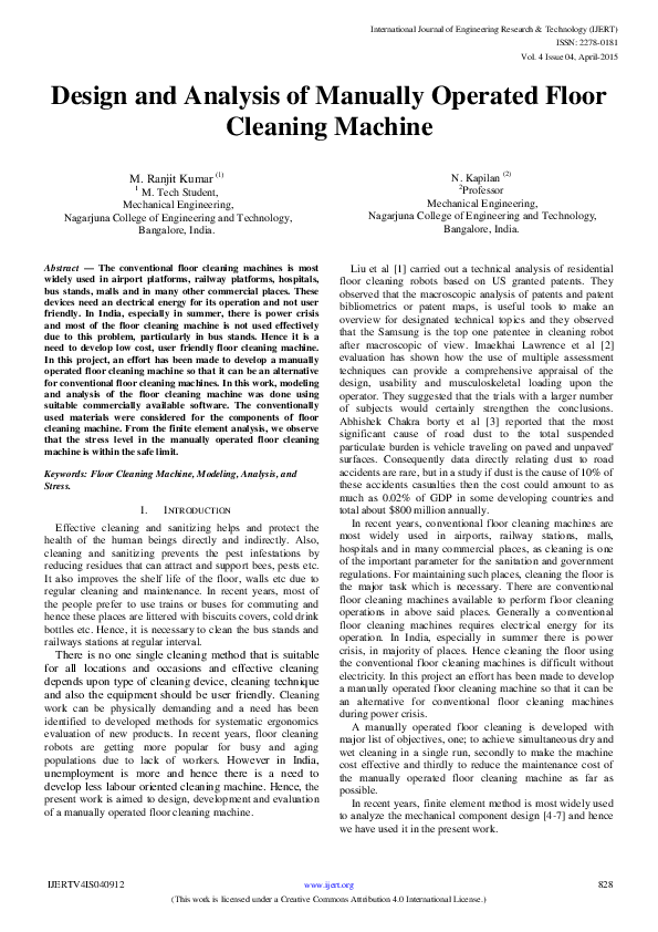 (PDF) IJERTDesign and Analysis of Manually Operated Floor Cleaning