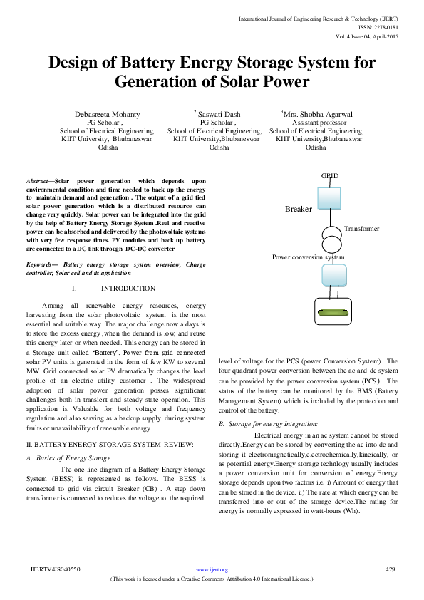 (PDF) IJERTDesign of Battery Energy Storage System for Generation of Solar Power IJERT