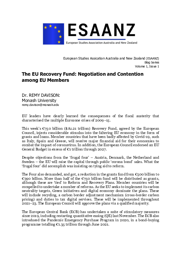 (PDF) The EU Recovery Fund: Negotiation and Contention among EU Members
