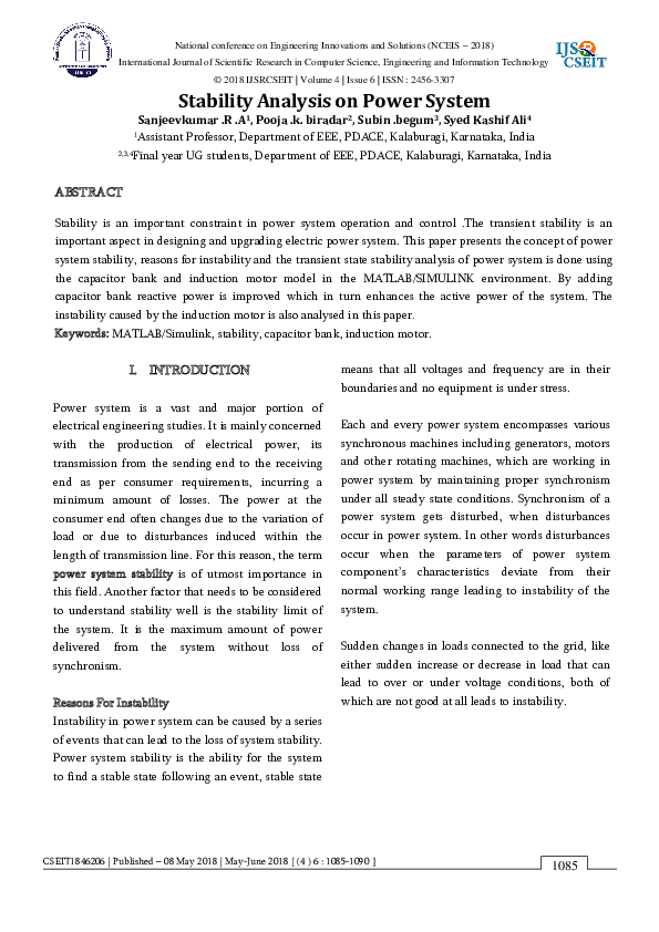 (PDF) CSEIT1846206 | Stability Analysis on Power System