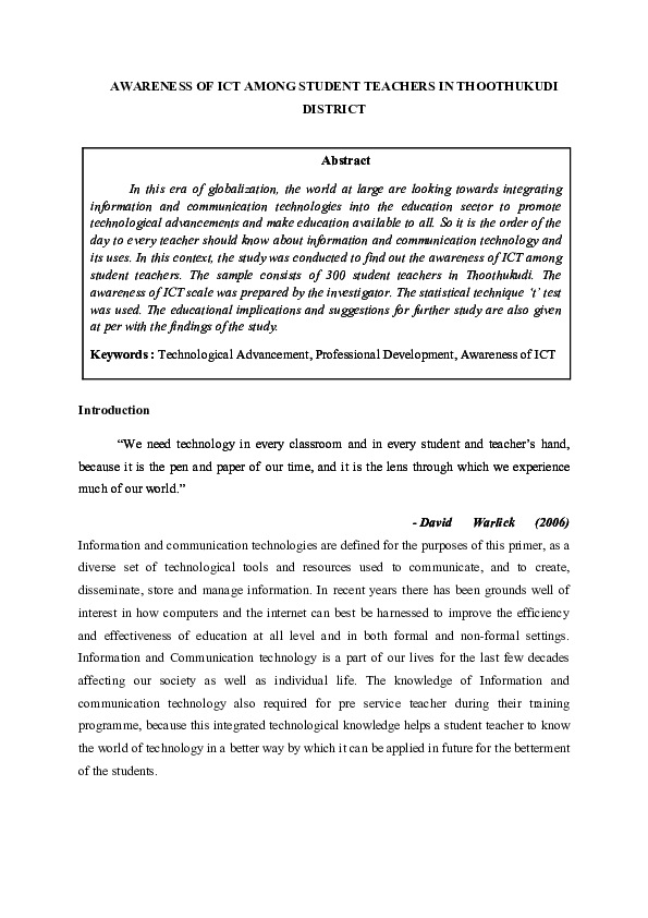 (PDF) AWARENESS OF ICT AMONG STUDENT TEACHERS IN THOOTHUKUDI DISTRICT ...