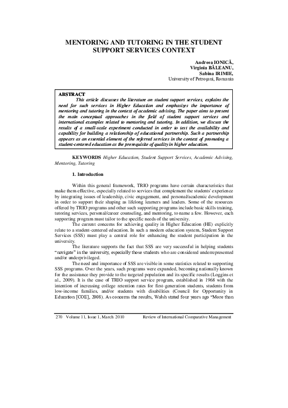 (PDF) Mentoring and Tutoring in the Student Support Services Context
