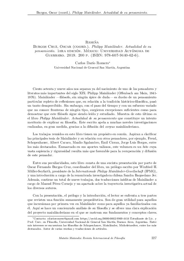 [Reseña] BURGOS CRUZ, Oscar (coord.). Philipp Mainländer. Actualidad de su pensamiento. 1era edición. México: Universidad Autónoma de Guerrero. 2019. 200 p. (ISBN: 978-607-9440-62-6). En: "Mutatis Mutandis", Revista internacional de Filosofía, Univ. de Santiago de Chile.