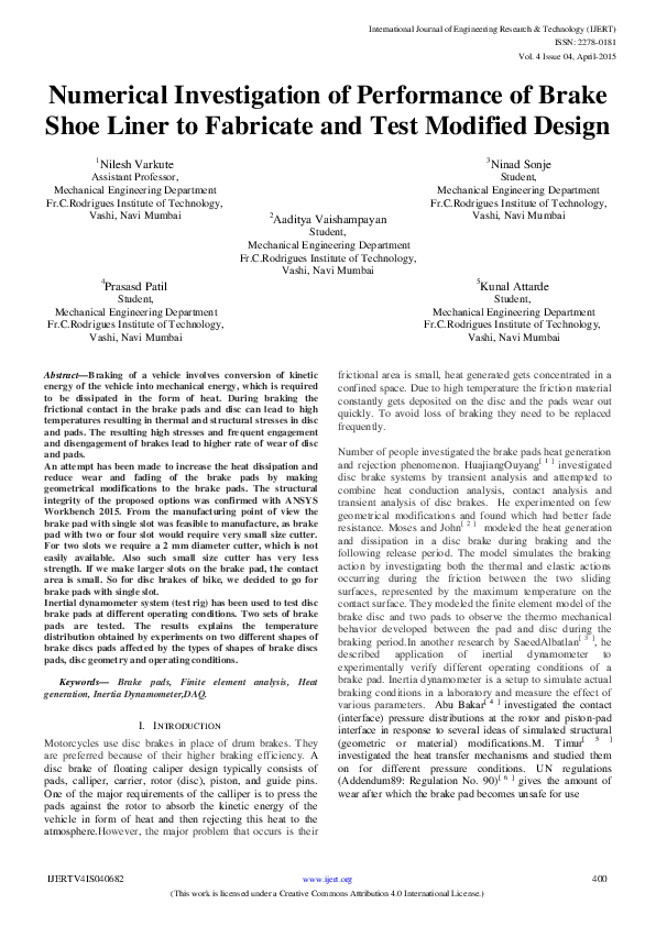 (PDF) IJERTNumerical Investigation of Performance of Brake Shoe Liner