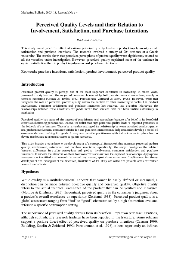 (PDF) Perceived Quality Levels and Their Relation to Involvement ...