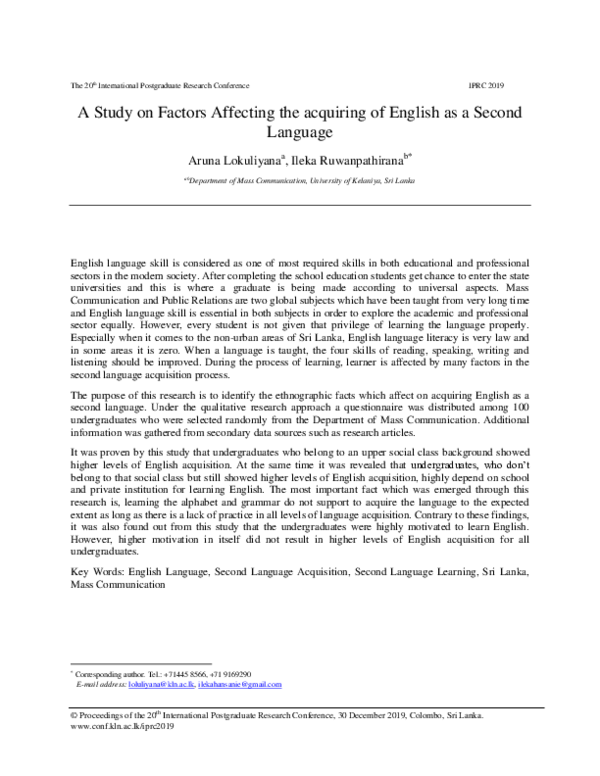 (PDF) A Study on Factors Affecting the acquiring of English as a Second ...