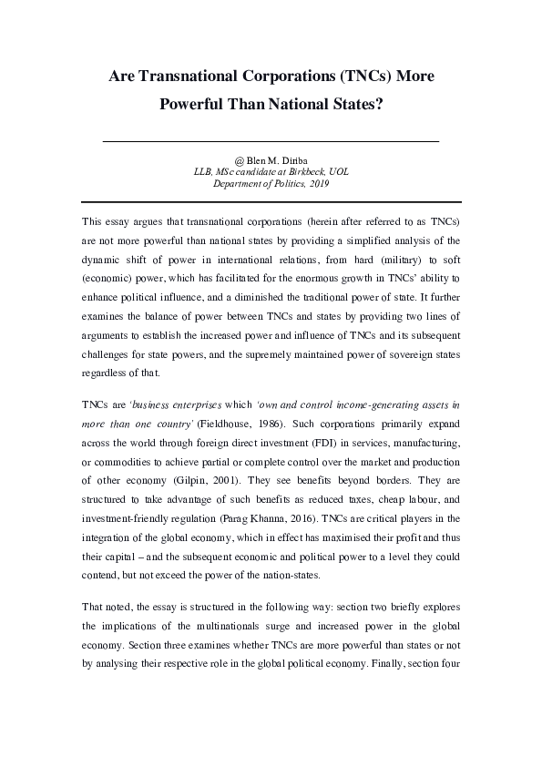 (PDF) Are Transnational Corporations (TNCs) More Powerful Than National ...