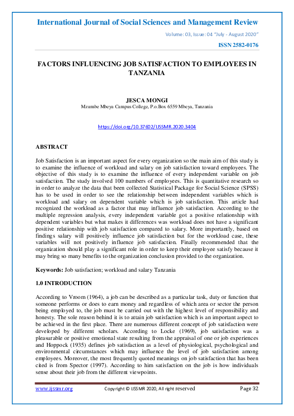 (PDF) FACTORS INFLUENCING JOB SATISFACTION TO EMPLOYEES IN TANZANIA
