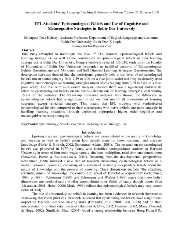 (PDF) EFL Students' Epistemological Beliefs and Use of Cognitive and ...
