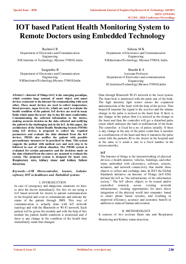 (PDF) IJERTIOT based Patient Health Monitoring System to Remote