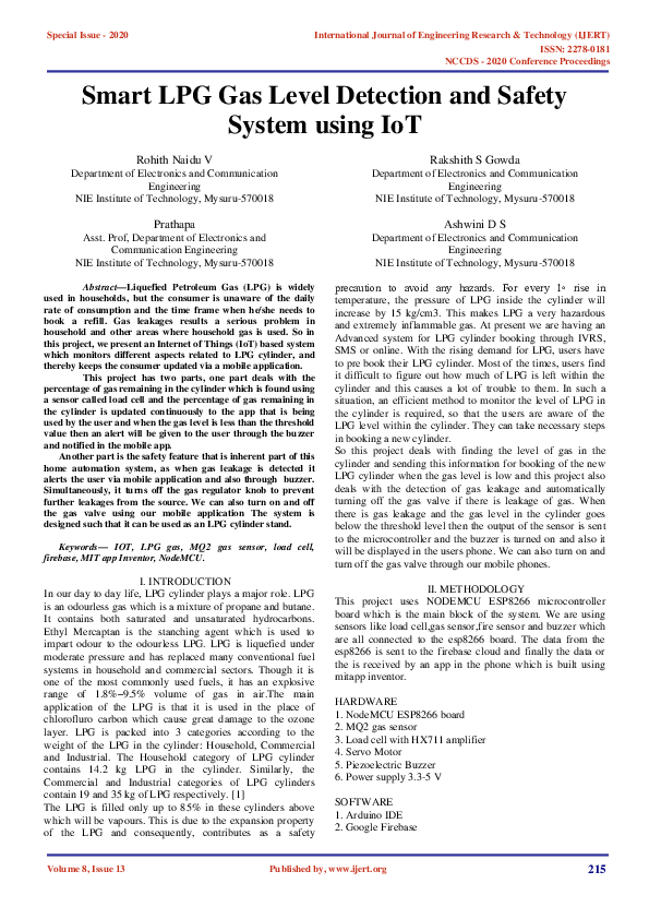 (PDF) IJERTSmart LPG Gas Level Detection and Safety System using IoT
