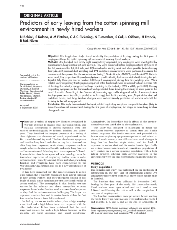 (PDF) Predictors of early leaving from the cotton spinning mill