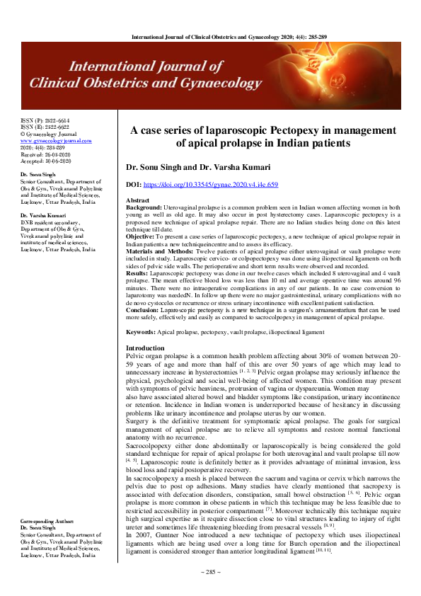 (PDF) A case series of laparoscopic Pectopexy in management of apical ...