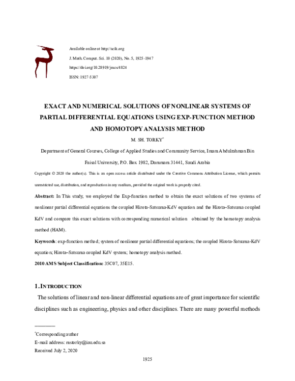 (PDF) EXACT AND NUMERICAL SOLUTIONS OF NONLINEAR SYSTEMS OF PARTIAL ...