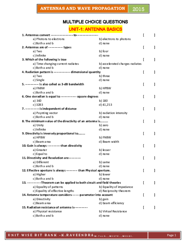 (PDF) ANTENNAS AND WAVE PROPAGATION 2015 MULTIPLE CHOICE QUESTIONS UNIT