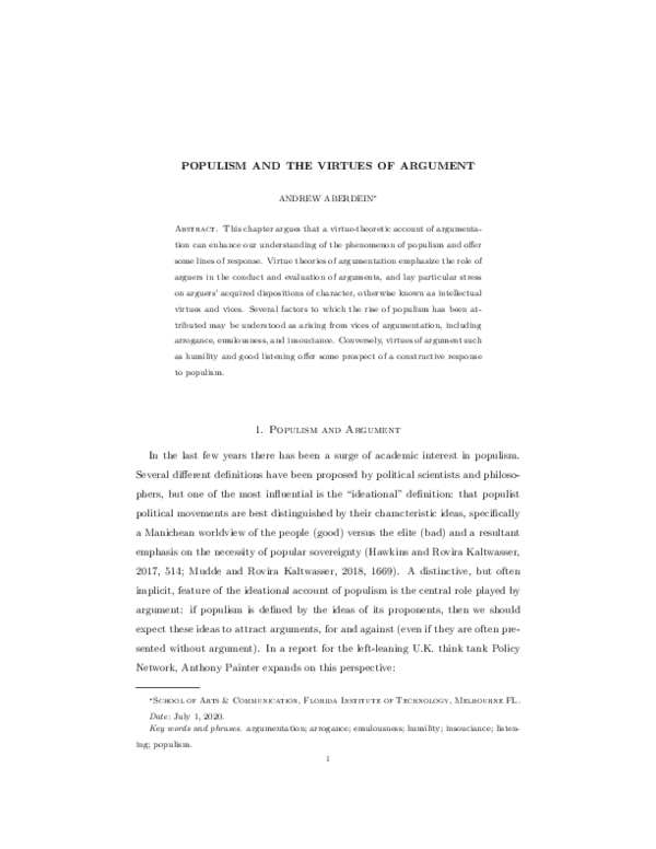 (PDF) POPULISM AND THE VIRTUES OF ARGUMENT