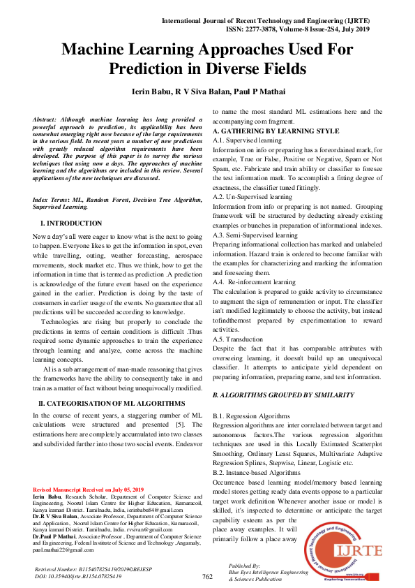 (PDF) Machine Learning Approaches Used For Prediction In Diverse Fields