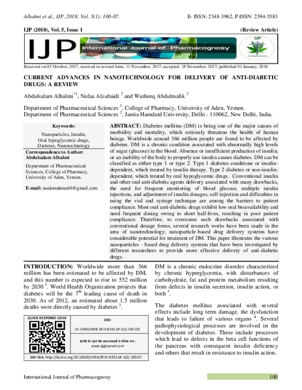 (PDF) CURRENT ADVANCES IN NANOTECHNOLOGY FOR DELIVERY OF ANTI-DIABETIC ...