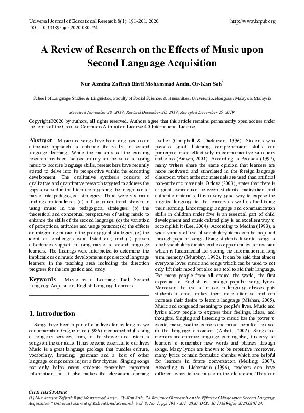 (PDF) A Review of Research on the Effects of Music upon Second Language ...