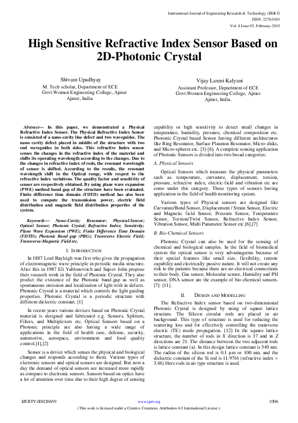 (PDF) IJERTHigh Sensitive Refractive Index Sensor Based on 2DPhotonic
