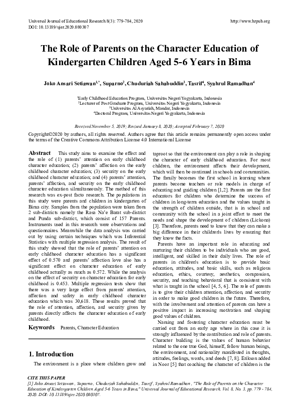 (PDF) The Role of Parents on the Character Education of Kindergarten ...