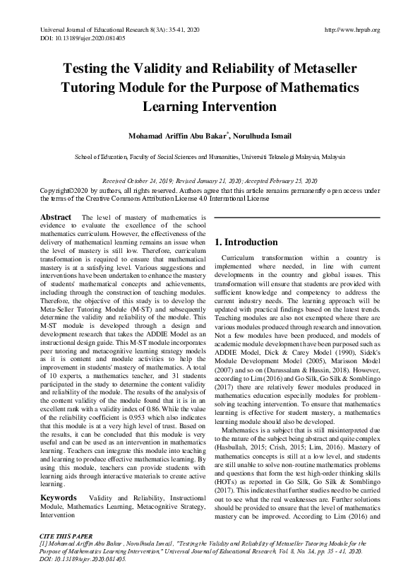 (PDF) Testing the Validity and Reliability of Metaseller Tutoring ...