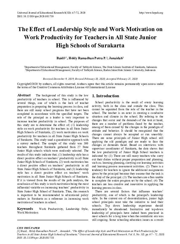 (PDF) The Effect of Leadership Style and Work Motivation on Work ...