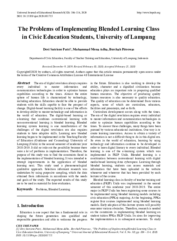 (PDF) The Problems of Implementing Blended Learning Class in Civic ...
