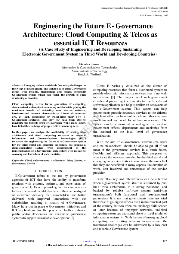 (PDF) Cloud Computing and Telcos for E-Governance in Developing Nations