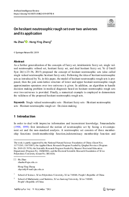 (PDF) On hesitant neutrosophic rough set over two universes and its ...