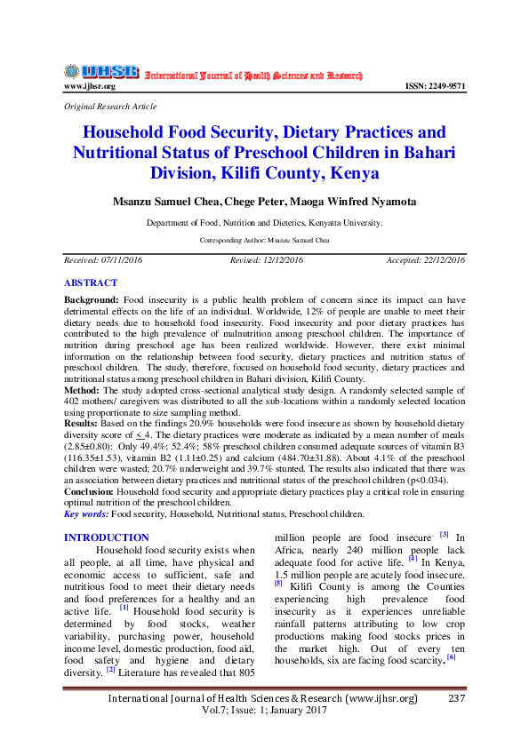 (PDF) Household Food Security, Dietary Practices and Nutritional Status ...