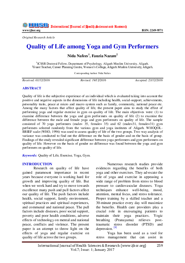 (PDF) Quality of Life among Yoga and Gym Performers