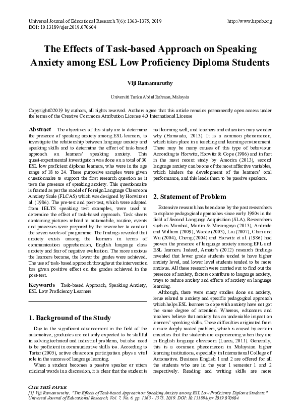 (PDF) The Effects of Task-based Approach on Speaking Anxiety among ESL ...