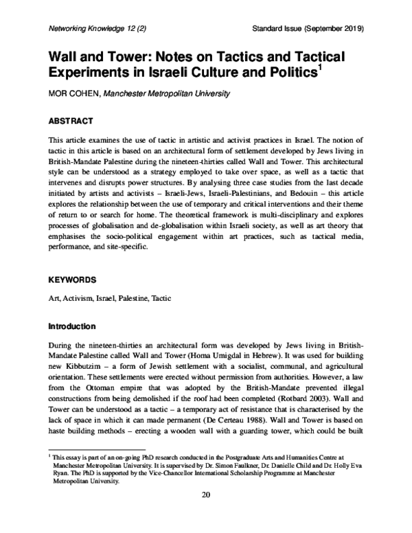 PDF) Wall and Tower: Notes on Tactics and Tactical Experiments in Israeli  Culture and Politics | Networking Knowledge, September 2019 | Mor Cohen מור  כהן - Academia.edu