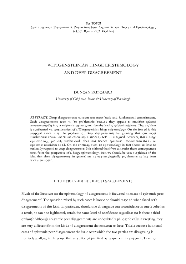(PDF) WITTGENSTEINIAN HINGE EPISTEMOLOGY AND DEEP DISAGREEMENT Duncan
