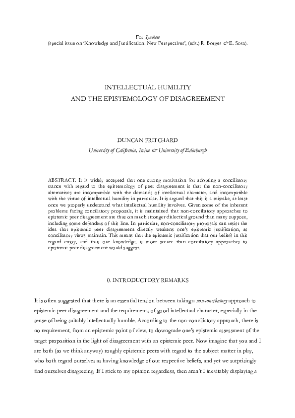 (PDF) INTELLECTUAL HUMILITY AND THE EPISTEMOLOGY OF DISAGREEMENT