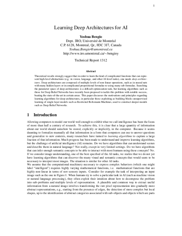 (PDF) Learning Deep Architectures for AI