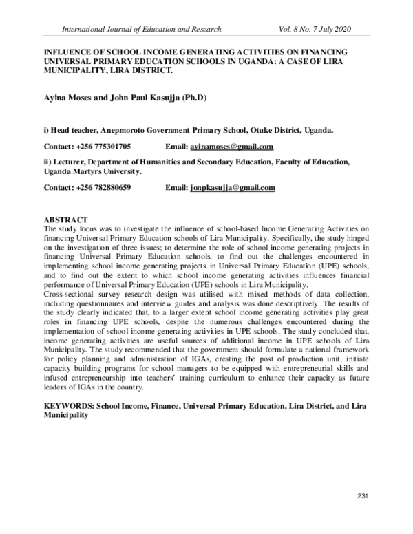 (PDF) INFLUENCE OF SCHOOL INCOME GENERATING ACTIVITIES ON FINANCING ...