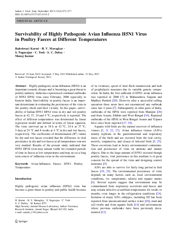 (PDF) Survivability of Highly Pathogenic Avian Influenza H5N1 Virus in ...