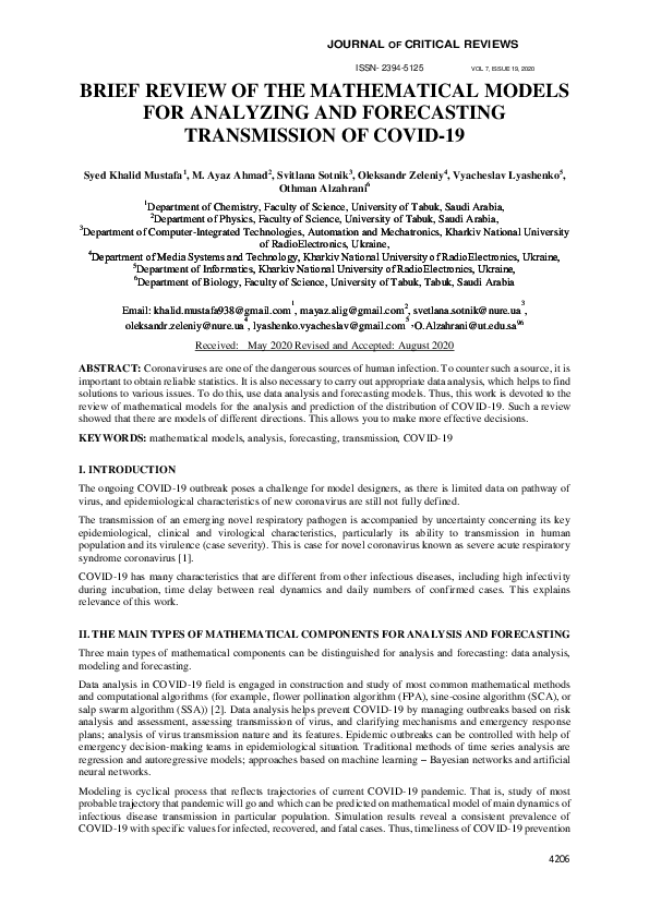 (PDF) BRIEF REVIEW OF THE MATHEMATICAL MODELS FOR ANALYZING AND ...