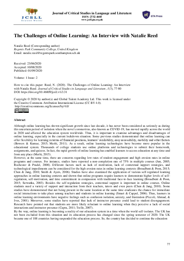 (PDF) The Challenges of Online Learning: An Interview with Natalie Reed